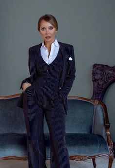 Blue three piece formal pin stripe suit for women.  This product comes in two variations i.e.  1. Hand Cut and hand tailored 2. Hand cut and machine sewn we've two colours in this 1. Assorted Navy blue 2.Classic Black Mens Suits On Women, Lawyer Graduation Outfit, Wemons Fashion Suit, Women Power Suits, Navy Womens Suit, Banker Aesthetic Women, Lawyer Suits Women, Boss Suit Women, Power Suits For Women Chic