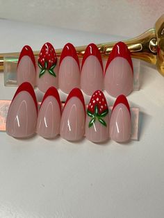 Fruit Nails Simple, Strawberry Themed Nails, Strawberry Acrylic Nails, Grunge Nails Acrylic 90s, Strawberry Nails Acrylic, Strawberry Nails Designs, Pink Strawberry Nails, Strawberry Shortcake Nails, Nails Strawberry