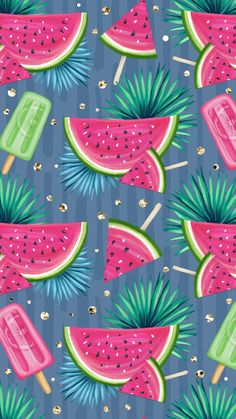 watermelon popsicles and pineapples on a blue background with palm leaves