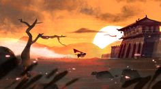 an animated scene with a dragon flying in front of a building and trees at sunset