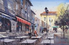 a painting of people sitting at tables in an outdoor cafe