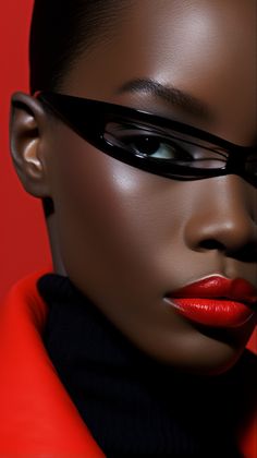 a woman with red lipstick and black eyeliners