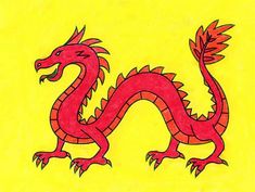 a drawing of a red dragon on yellow paper