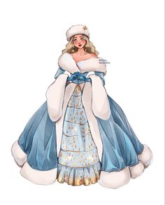 a drawing of a woman in a blue dress and white fur coat