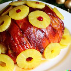 a cake with pineapples and sliced bananas on the top is sitting on a white plate