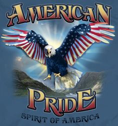 an american pride t - shirt with an eagle and mountains in the background