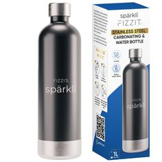 a stainless steel water bottle next to a cardboard box with the word sparki on it