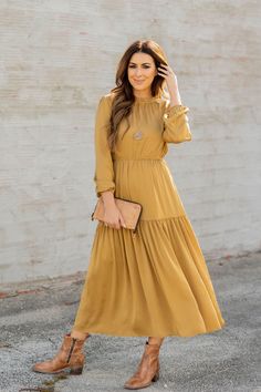 Elegant Tiered Long Sleeve Maxi Dress Modest Fall Dresses, Long Sleeve Dresses Fall, Brown Maxi Dresses, Fall Maxi, Basic Long Sleeve Tee, Basic Cardigan, Fall Dress Outfit, Basic Long Sleeve, Sleeve Maxi Dress