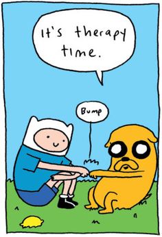 an image of a cartoon character and a dog with speech bubble saying it's therapy time