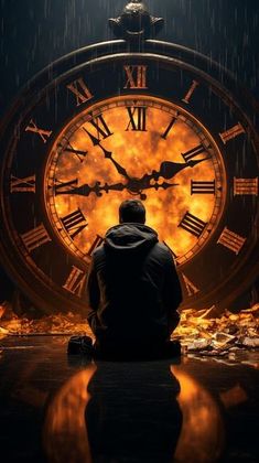 a man sitting on the floor in front of a large clock that is glowing orange