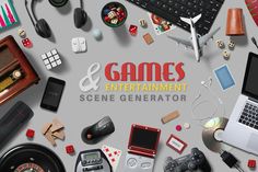 an assortment of games and entertainment items on a gray background with the title game & entertainment scene generator