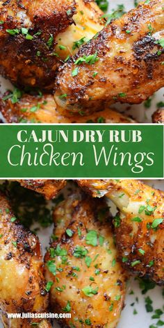 chicken wings with parsley on top and the words, cajun dry rub chicken wings