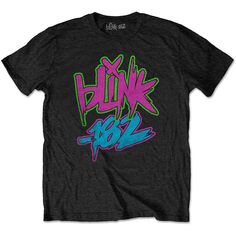 a black shirt with pink and blue graffiti on it