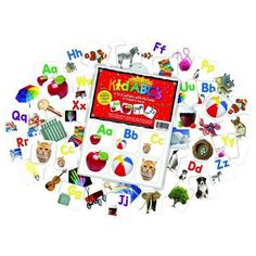 an assortment of children's alphabets and numbers on a white background with various pictures