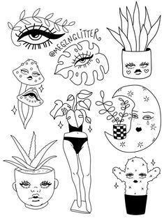 an image of some drawings with different things in them, including plants and eyeliners