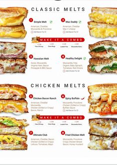 a menu with different types of sandwiches on it