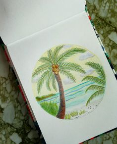 a drawing of a palm tree in the middle of a painting with watercolors on paper