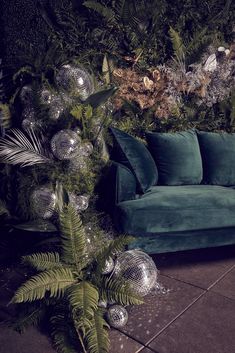 a green couch sitting next to a lush green plant