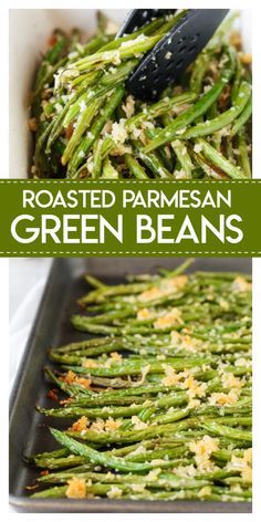 roasted parmesan green beans in a baking pan