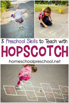 three photos with the words hopscotch written in chalk and two children playing outside