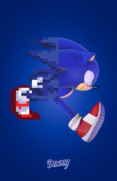 sonic the hedgehog is flying through the air with his foot in front of him