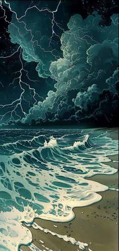 a painting of the ocean with storm clouds and lightning in the sky above it, as well as water waves