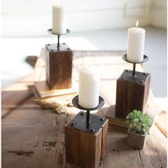 Recycled Candle Holders (Set-3)-Lighting | Iron Accents Recycled Wood Projects, Recycle Candles, Reclaimed Wood Projects, Rustic Candle Holders, Wooden Candle Sticks, Wood Candle, Rustic Candles, Scrap Wood Projects, Iron Candle