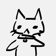 a black and white drawing of a cat holding something in its mouth with one hand