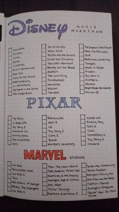 the disney pixar movie list is shown in an open notebook with markers and pencils