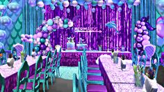 a purple and teal mermaid themed party with balloons, streamers, cake and decorations