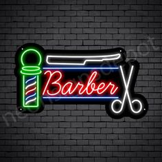 barber shop neon sign on brick wall with scissors and hairdryer in the corner