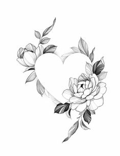 a heart shaped frame with flowers and leaves on the side, in black and white