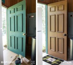 before and after photos of a front door painted teal, with the bottom panel removed