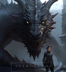 a woman standing next to a giant dragon