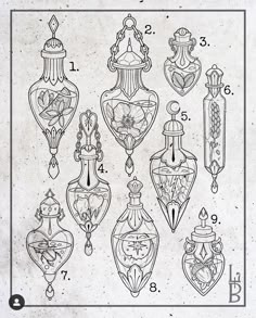 an old fashioned drawing shows different types of vases and ornaments in black ink on white paper