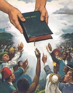 a painting of hands reaching out to touch an open bible in front of a group of people