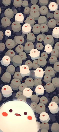 an image of many white objects floating in the air with red dots on their eyes