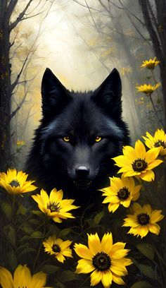 a painting of a black wolf surrounded by yellow sunflowers in a forest with trees