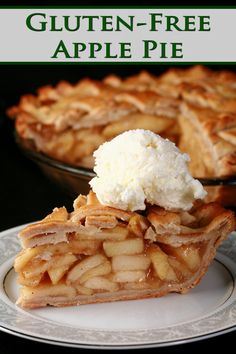 a slice of apple pie with whipped cream on top and the words gluten - free apple pie above it