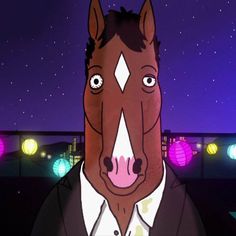 a horse wearing a suit and tie in front of a night sky with colorful lights