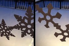 two pictures of snowflakes on the side of a window