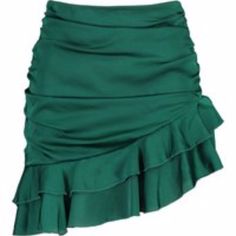 Beautiful Emerald Green Mini Skirt! Ruching Down The Sides Which Really Flatter And Flatten And A Double Ruffle Trim, Fits Small Elegant Green Ruched Skirt, Chic Bottoms With Tiered Skirt And Folds, Green Ruffled Mini Skirt For Party, Chic Green Ruched Skirt, Elegant Green Ruffled Bottoms, Green Ruched Mini Skirt, Dark Green Mini Skirt, Emerald Green Skirt, Green Clothes