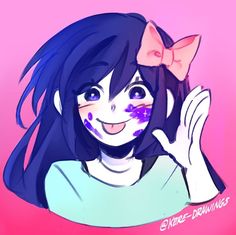 a drawing of a girl with blue hair and purple makeup holding her hand up to her face