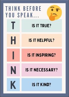 a poster with the words think before you speak and an emoticive smiley face