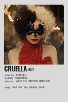 a woman in a red dress and black mask with curly hair on the cover of cruela 2012