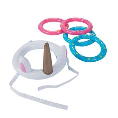 three inflatable swimming rings, one pink and one blue