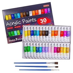 the acrylic paints set contains 30 tubes and 20 brushes, each with different colors