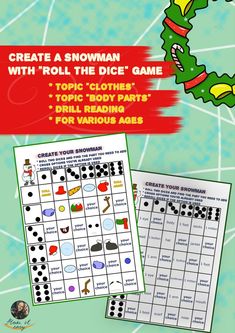 Hi! My name is Mr Alena and I absolutely love fun ways to study English! Create a snowman revising various materials such topics as "Clothes", "Body parts", "Numbers". This game is suitable for kindegarten, primary school pupils! It's easy to play this game with different options: colouring, craft, cutting, drawing. Play as many times as you want because it could be short or long and this game isn't boring! Fun Ways To Study, Ways To Study, Gingerbread Man Activities, Reading Vocabulary, Study English, Free Christmas Printables, Dice Games, Activity Pack, Memory Games