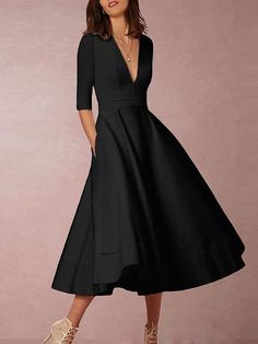 Women's Swing Dress Midi Dress - Half Sleeve Deep V Going Out Wine White Black Blue Red Navy Blue S M L Xl Xxl Xxxl High Waist Maxi Dress, Wine White, T Dress, Cotton Blends Dress, Perfect Prom Dress, Flowy Maxi Dress, Half Sleeve Dresses, Necklines For Dresses, Dress Midi