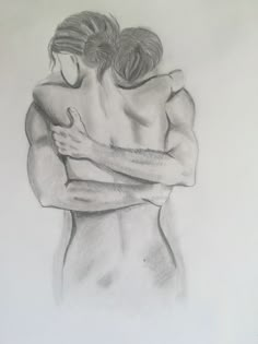 a drawing of two people hugging each other with one holding the other's back